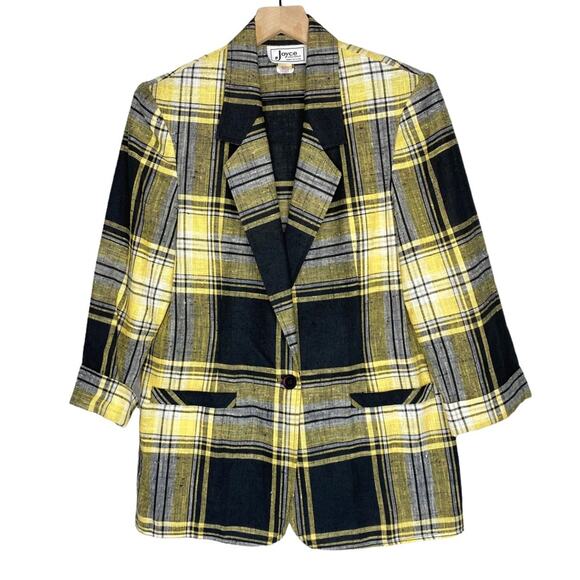 90s Yellow and Black Plaid Blazer Jacket size S/M - Picture 2 of 7